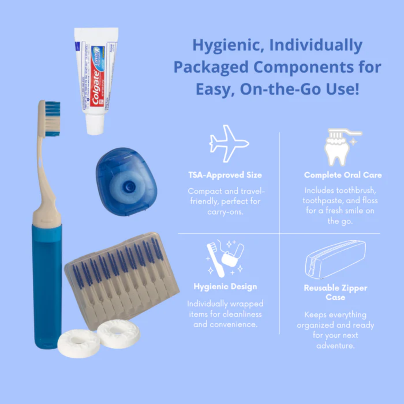 Dental Hygiene Kit, Portable Toothbrush, Toothpaste, Floss, Interdental Picks, Mints