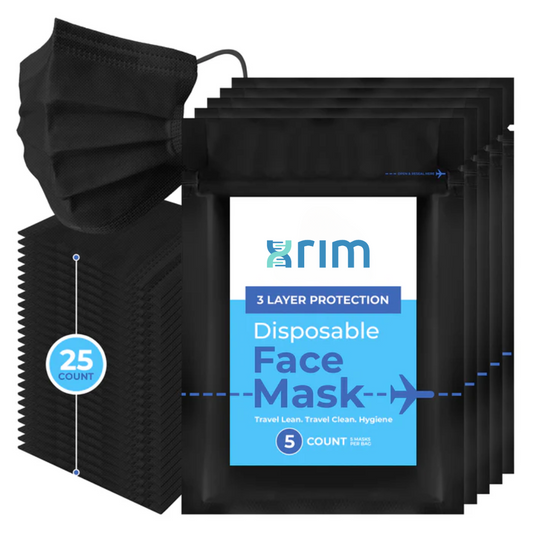 Travel Face Mask | Disposable | 25 Count (5 Packs of 5) | Black