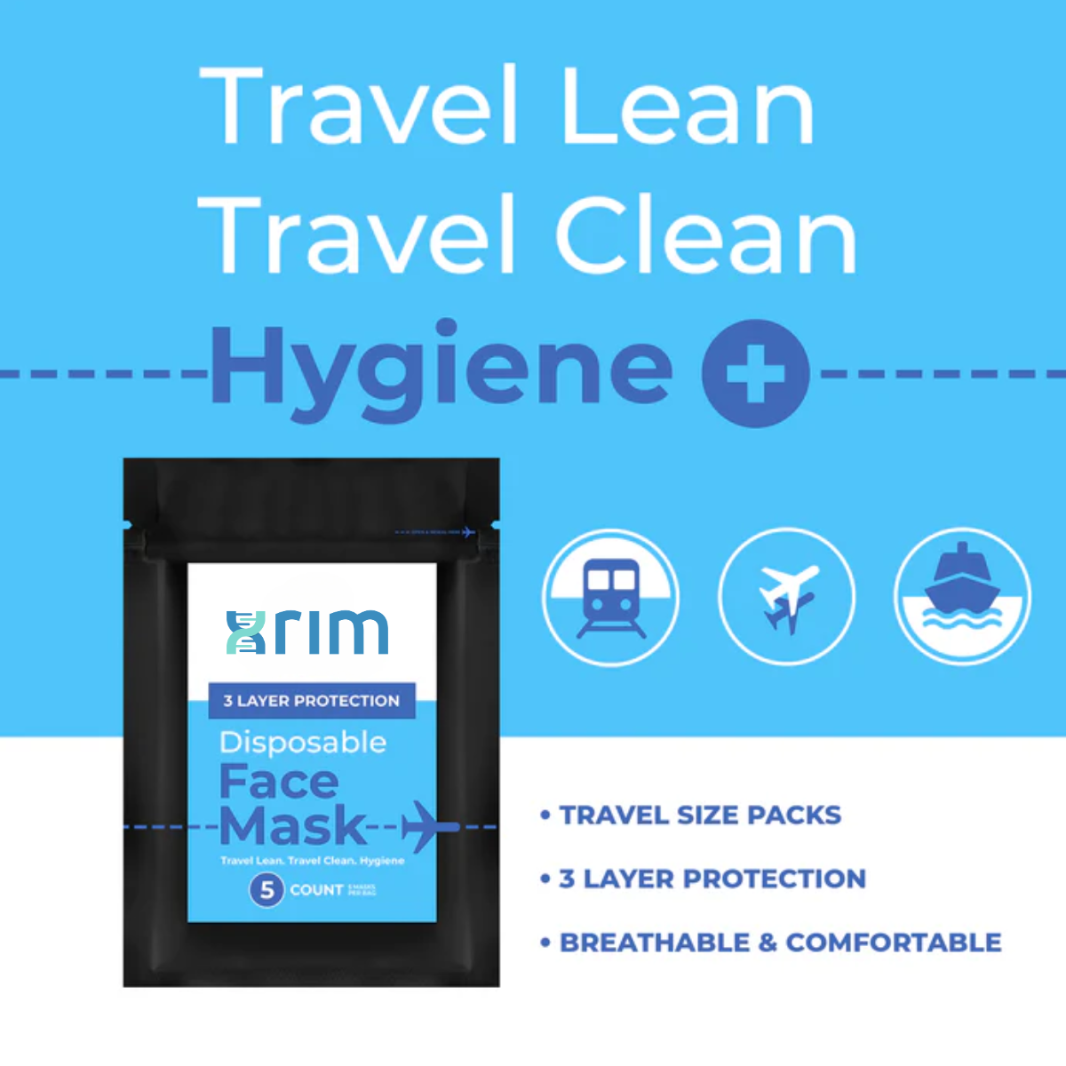Travel Face Mask | Disposable | 25 Count (5 Packs of 5) | Black