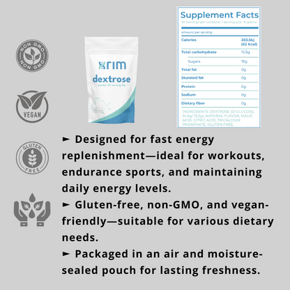 xrim Labs Dextrose Powder – Natural Cherry Flavor – Fast Energy & Recovery Support – 450g Bulk Pouch (30 Servings, 15g Each) – Gluten-Free, Non-GMO, Vegan-Friendly